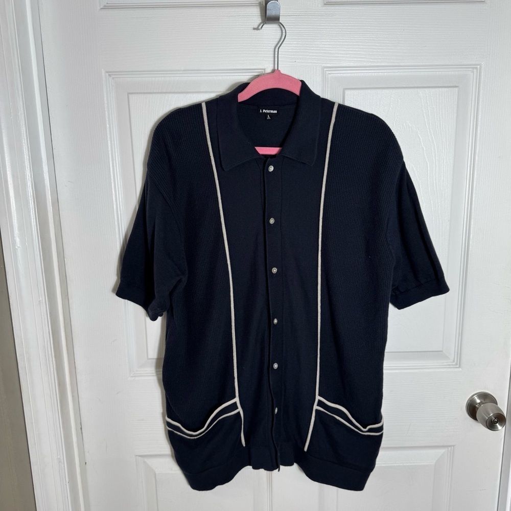 J. Peterman Knit Polo Shirt Size LG Navy Blue Button Down Preppy Casual Office - Picture 2 of 8
